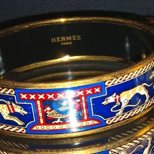 Vintage Hermes Paris blue greyhound gold / enamel bangle bracelet